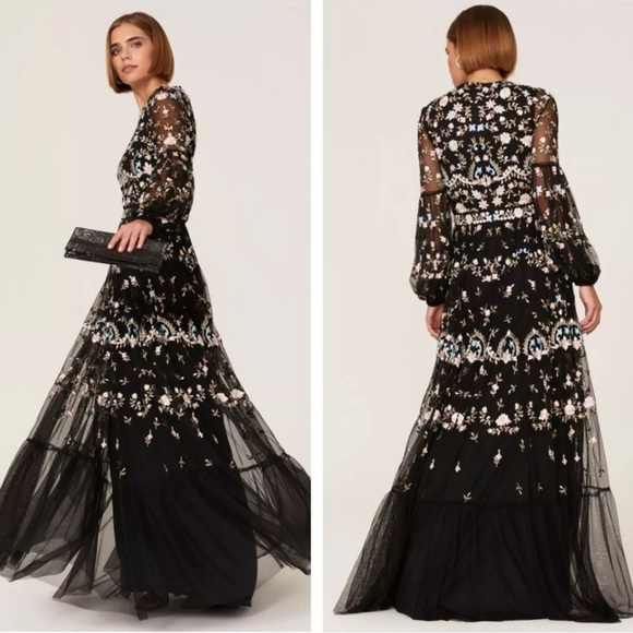 Mac Duggal Sequin Embroidered Gown Blouson Sleeves Size 12 NWT - Picture 1 of 13